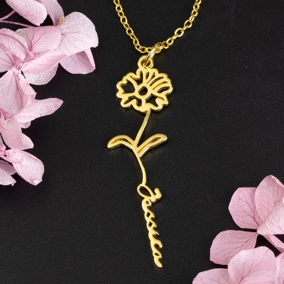 Collana personalizzata con nome floreale con regalo di fiori di nascita per lei