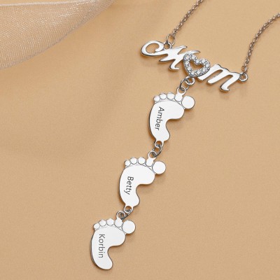 Collane personalizzate in argento con nome inciso a forma di cuore di mamma con ciondolo da 1-10 piedi di bambino