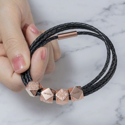 Bracciale da uomo in pelle intrecciata con perline personalizzate poliedriche