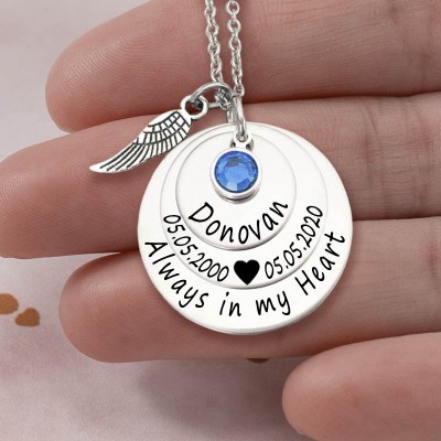 Collana in argento personalizzata con incisione sempre nel mio cuore commemorativa con Birthstone