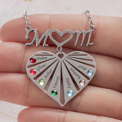 Collana personalizzata con cuore di mamma con nome di famiglia con incisione da 1 a 8 con regalo di Natale di Birthstone