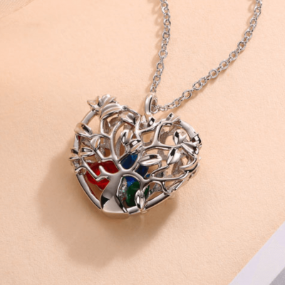 Collana con ciondolo in gabbia con albero genealogico a forma di cuore con 1-8 pietre portafortuna