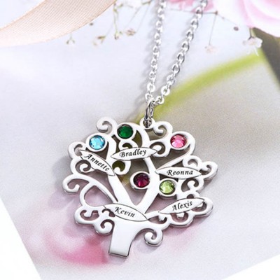 Collana personalizzata con design ad albero della famiglia con 1-6 nomi e pietre portafortuna