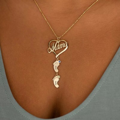 Collana con nome in pietra portafortuna personalizzata in argento con ciondolo a forma di cuore di mamma 1-10 piedi di bambino