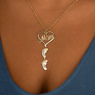 Collana con nome inciso personalizzato con ciondolo a forma di cuore di mamma amore 1-10 piedi di bambino