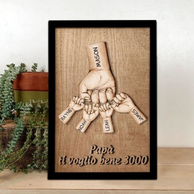 Pugno personalizzato per papà e bambini con cartello in legno inciso per la festa del papà