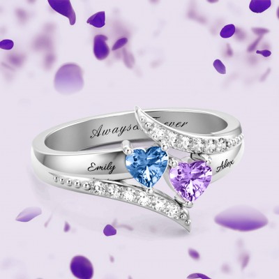 Anello di promessa personalizzato in argento sterling S925 con doppio cuore Birthstone per lei