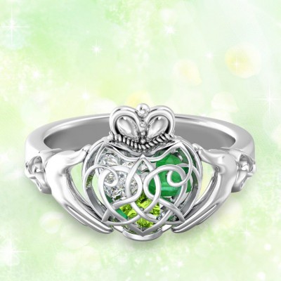 Anello Claddagh celtico con cuori in gabbia personalizzati in argento sterling S925 con 1-6 pietre portafortuna