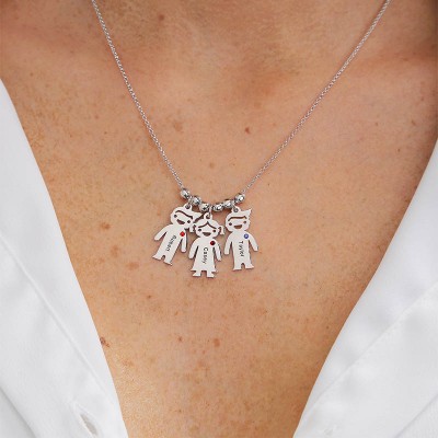 Collana personalizzata in argento con ciondolo famiglia 1-10 bambini con nome inciso con pietra portafortuna