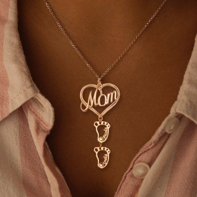 Collana personalizzata con nome in pietra portafortuna con ciondolo BabyFeet 1-10 MOM Heart personalizzato