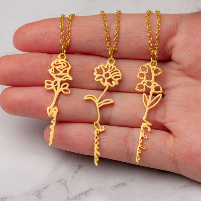 Collana personalizzata con nome floreale con regalo di fiori di nascita per lei