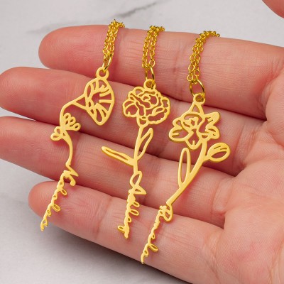 Collana personalizzata con nome floreale con regalo di fiori di nascita per lei