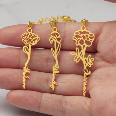 Collana personalizzata con nome floreale con regalo di fiori di nascita per lei