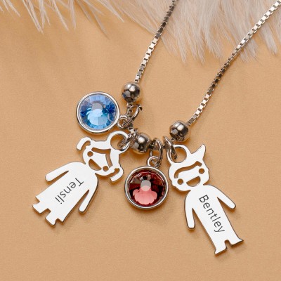 Collana in argento con ciondolo personalizzato 1-12 bambini con nome inciso con pietra portafortuna