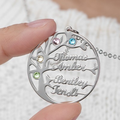 Collana con nome albero genealogico personalizzato in argento con pietra portafortuna